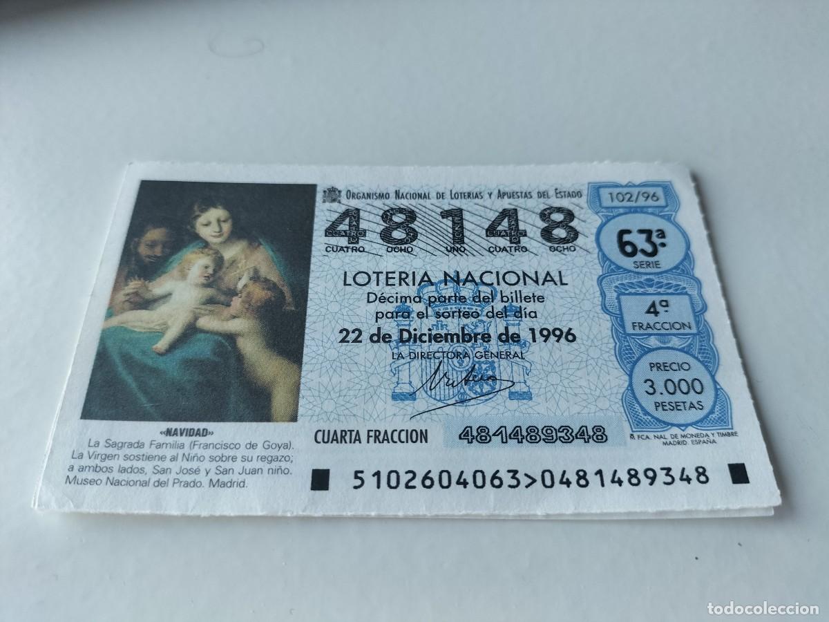 Loter&iacute;a nacional: 1 DECIMO LOTERIA DEL SABADO - 22 DICIEMBRE 1996 - 102/96 NAVIDAD - SAGRADA FAMILIA - MUSEO DEL PRADO