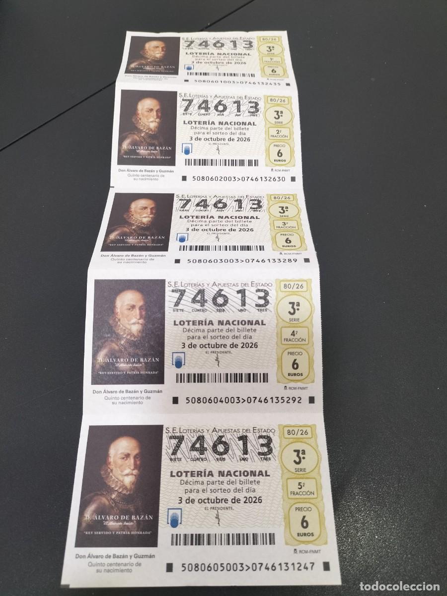 Loter&iacute;a nacional: 5 DECIMOS MEDIO BILLETE LOTERIA NACIONAL SABADO 3 OCTUBRE 2026 80/26 &Aacute;LVARO DE BAZAN 5&deg; CENTENARIO
