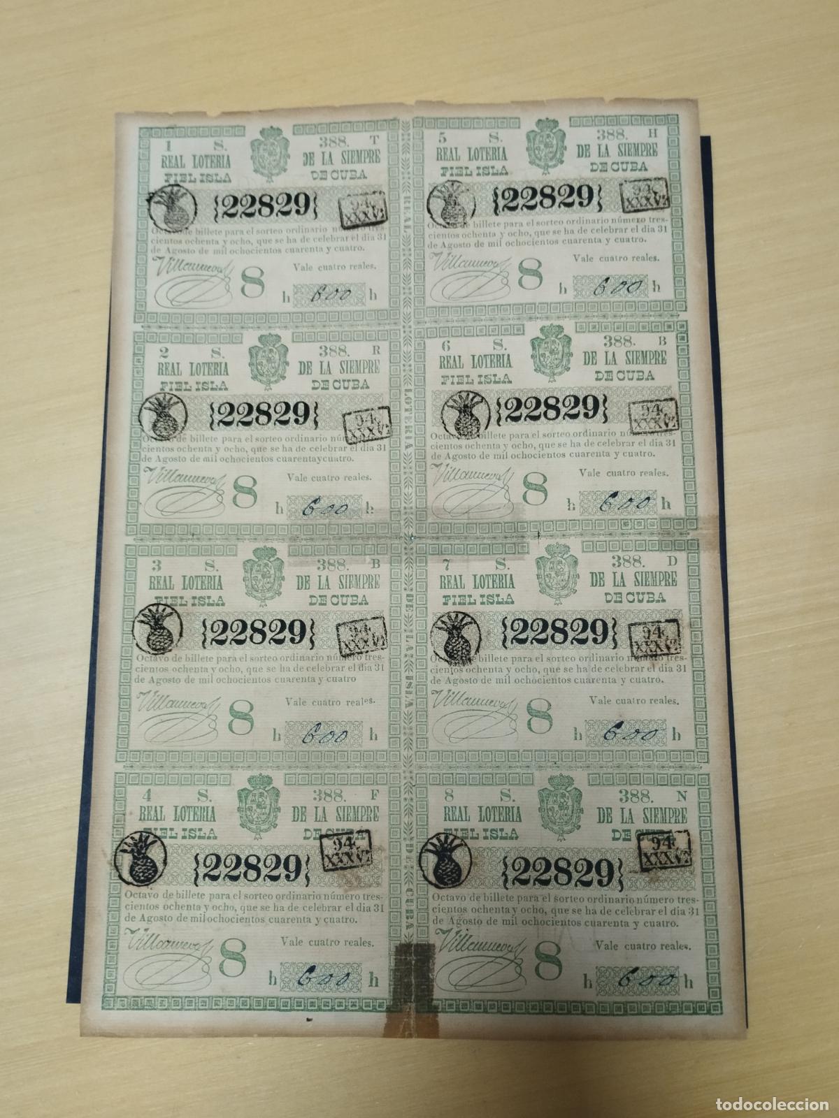Loterie Nationale: BZB LOTERIA DE CUBA 1844. HOJA COMPLETA CON LOS 8 OCTAVOS DEL BILLETE. REPARACIONES DE CELO AL DORSO