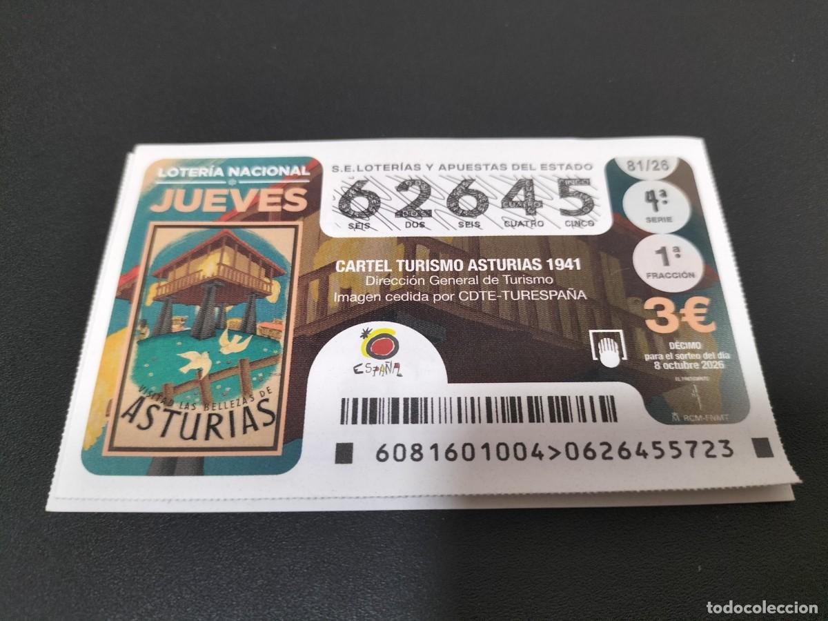Loter&iacute;a nacional: 1 DECIMO LOTERIA NACIONAL JUEVES 8 OCTUBRE 2026 81/26 CARTEL TURISMO VISITAR LAS BELLEZAS ASTURIAS