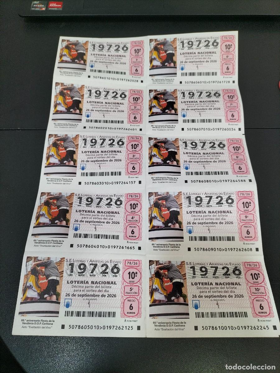 Loter&iacute;a nacional: BILLETE LOTERIA 10 DECIMOS NACIONAL JUEVES 26 SEPTIEMBRE 2026 78/26 60 AN VINO CARI&Ntilde;ENA ( ZARAGOZA