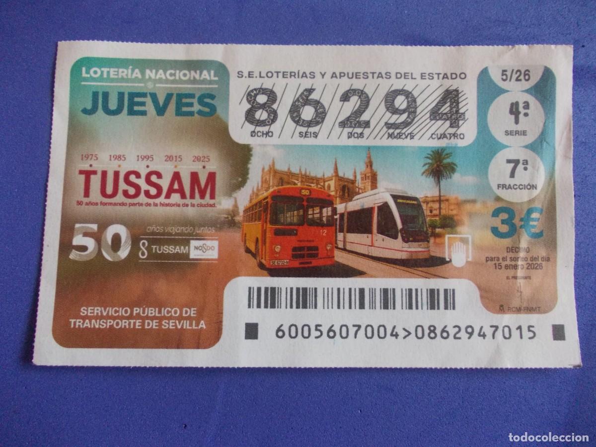 Loterie Nationale: Decimo Loteria Nacional Jueves 15 Enero 2026 50 Aniversario Tussam Autobus Tranvia Sevilla Servicio