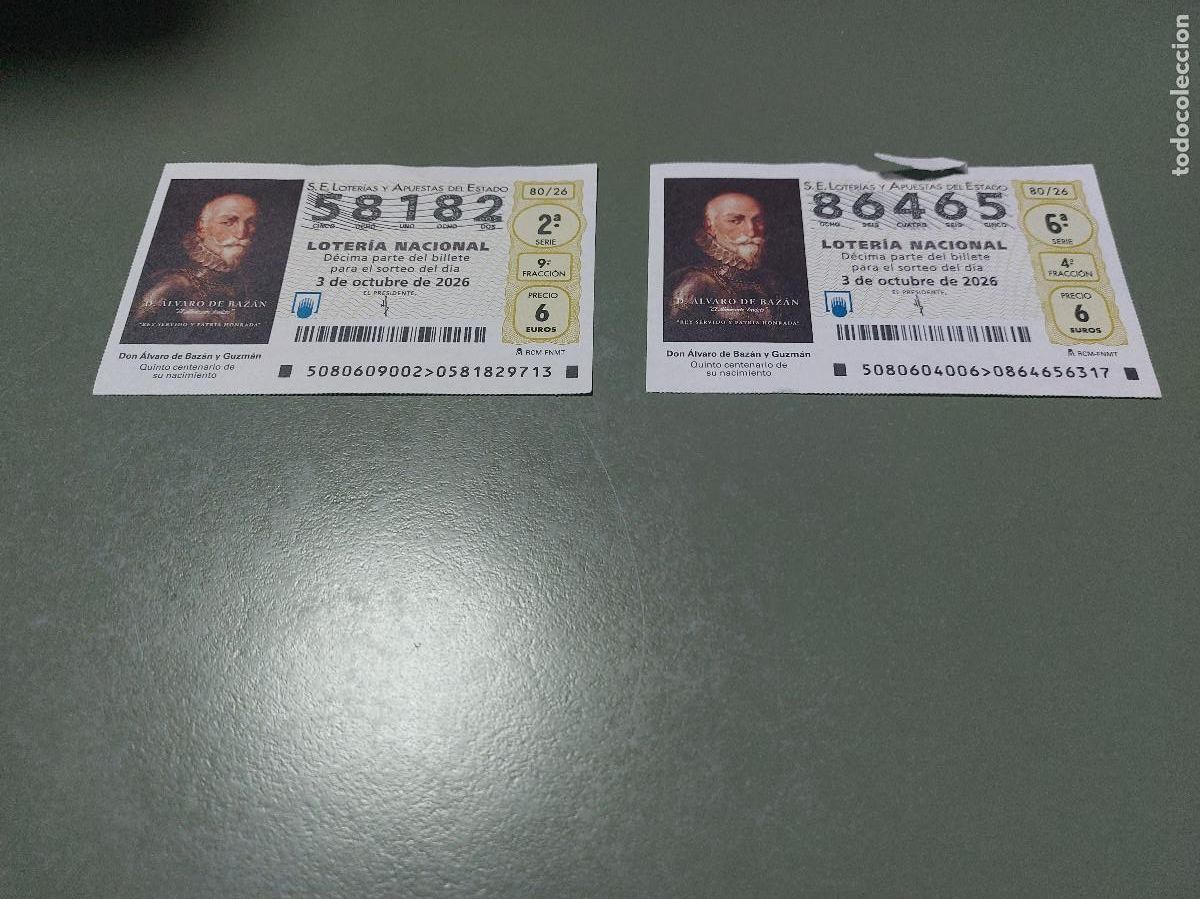 Loter&iacute;a nacional: 58182 El jueves 80/26. 2 separados D&eacute;cimos de Loteria Nacional. Buen estado. c-17.
