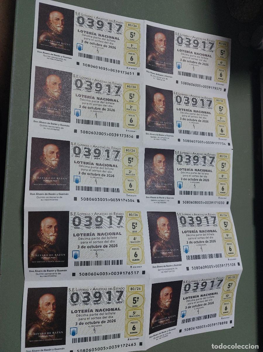 Loter&iacute;a nacional: 03917 El jueves 80/26. 10 D&eacute;cimos de Loteria Nacional. Buen estado. c-17.
