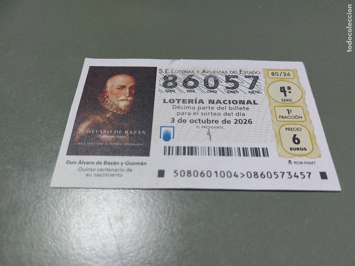 National Spanish Lottery: 86057 El jueves 80/26. D&eacute;cimo de Loteria Nacional. Buen estado. c-17.