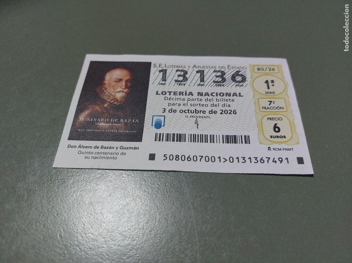 National Spanish Lottery: 13136 El jueves 80/26. D&eacute;cimo de Loteria Nacional. Buen estado. c-17.