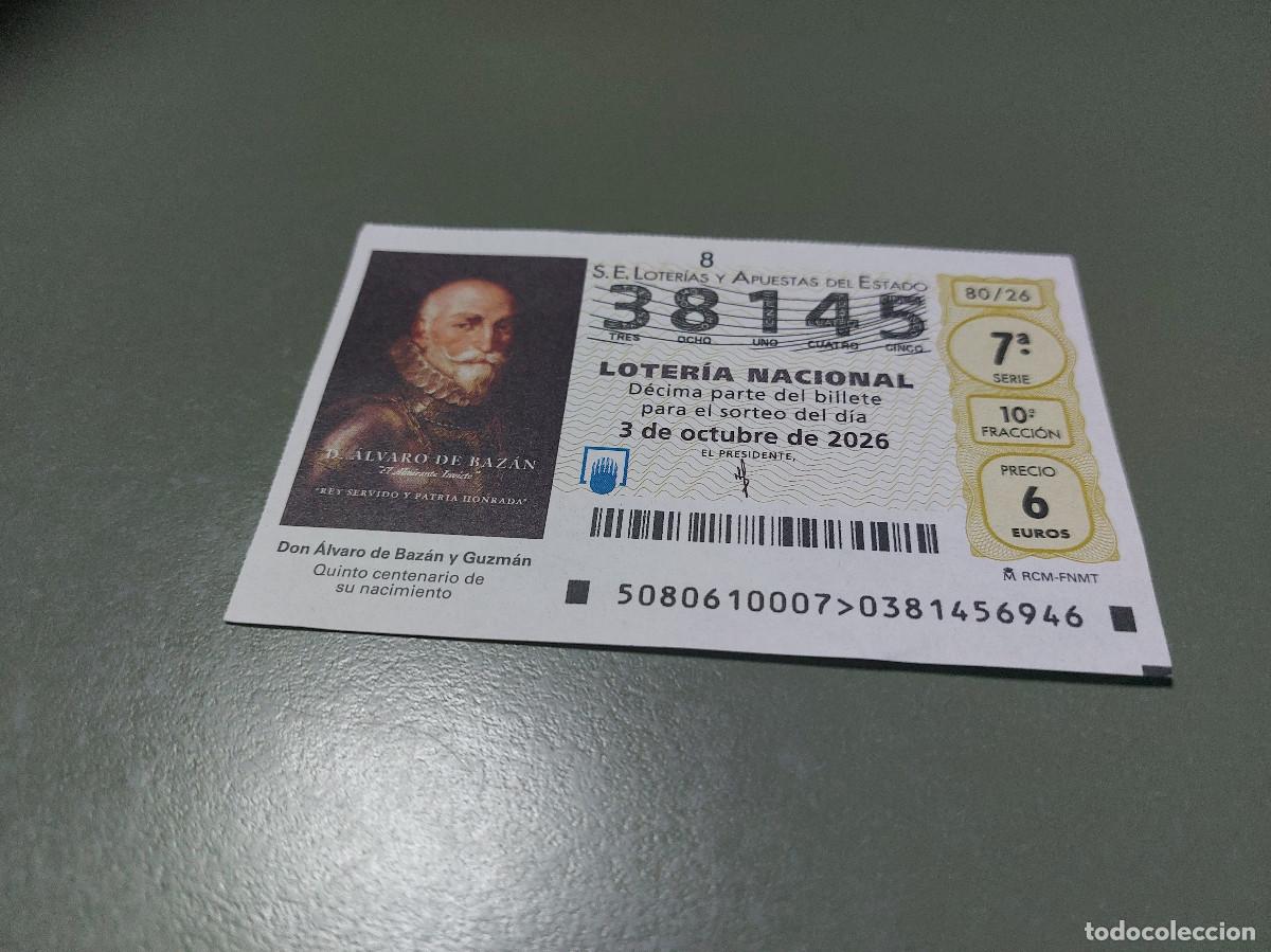 National Spanish Lottery: 38145 El jueves 80/26. D&eacute;cimo de Loteria Nacional. Buen estado. c-17.