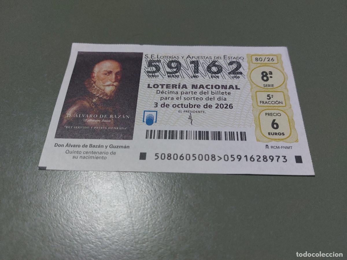 National Spanish Lottery: 59162 El jueves 80/26. D&eacute;cimo de Loteria Nacional. Buen estado. c-17.