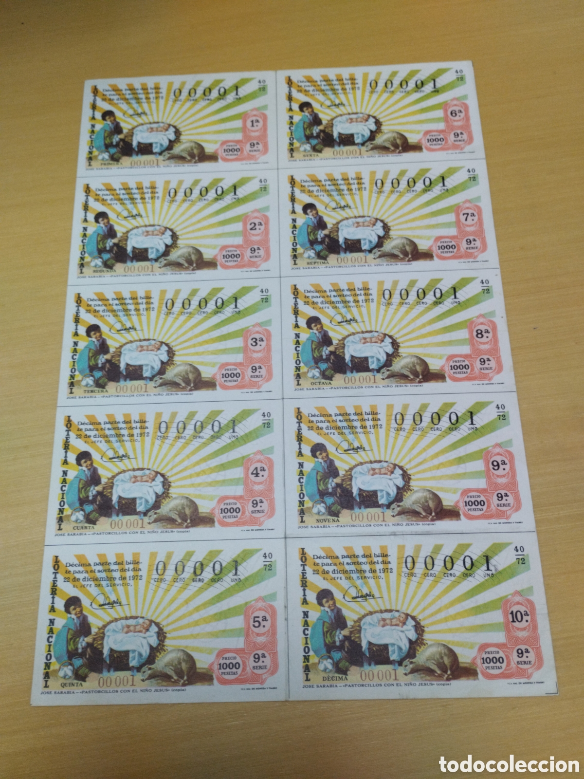 Nationale spanische Lotterie: BILLETE DE LOTERIA COMPLETO. SORTEO N&ordm; 40/72. N&Uacute;MERO 00001. DOBLEZ VERTICAL