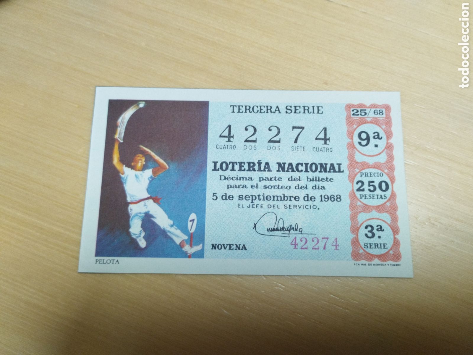 Lotteria Nationale Spagnola: DECIMO DE LOTERIA. DEPORTES. PELOTA VASCA. SORTEO 25. 1968. PERFECTO