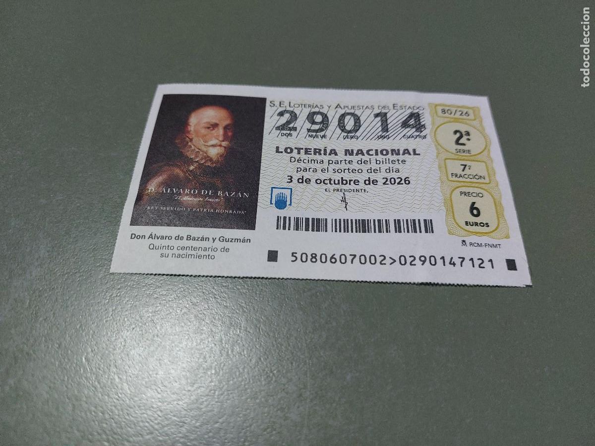 National Spanish Lottery: 29014 El jueves 80/26. D&eacute;cimo de Loteria Nacional. Buen estado. c-17.