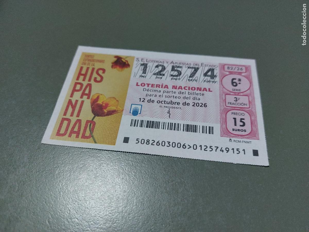 National Spanish Lottery: 12574 El jueves 82/26. D&eacute;cimo de Loteria Nacional. Buen estado. c-17.