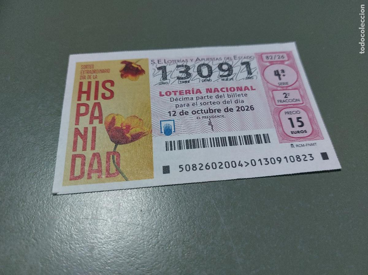 National Spanish Lottery: 13091 El jueves 82/26. D&eacute;cimo de Loteria Nacional. Buen estado. c-17.