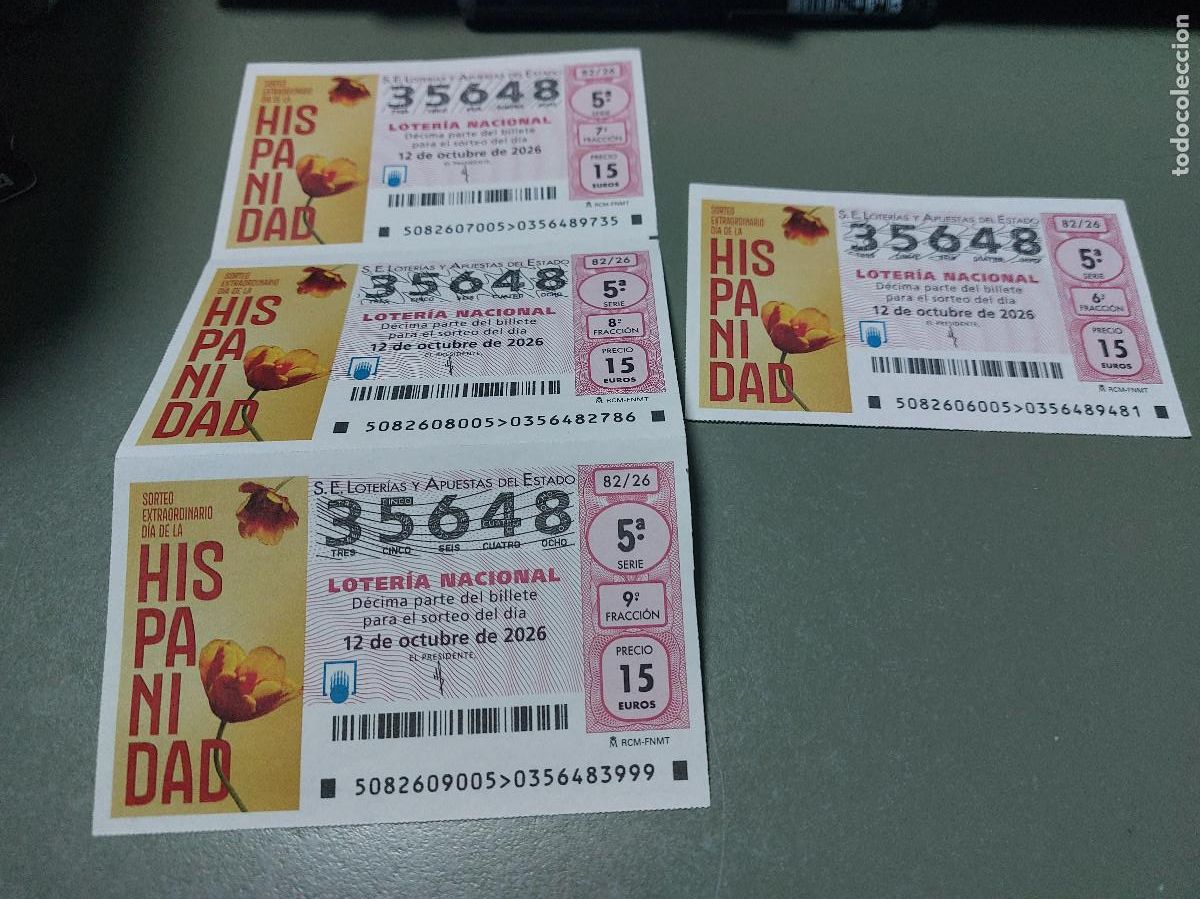National Spanish Lottery: 35648 El jueves 82/26. 4 D&eacute;cimo de Loteria Nacional. Buen estado. c-17.