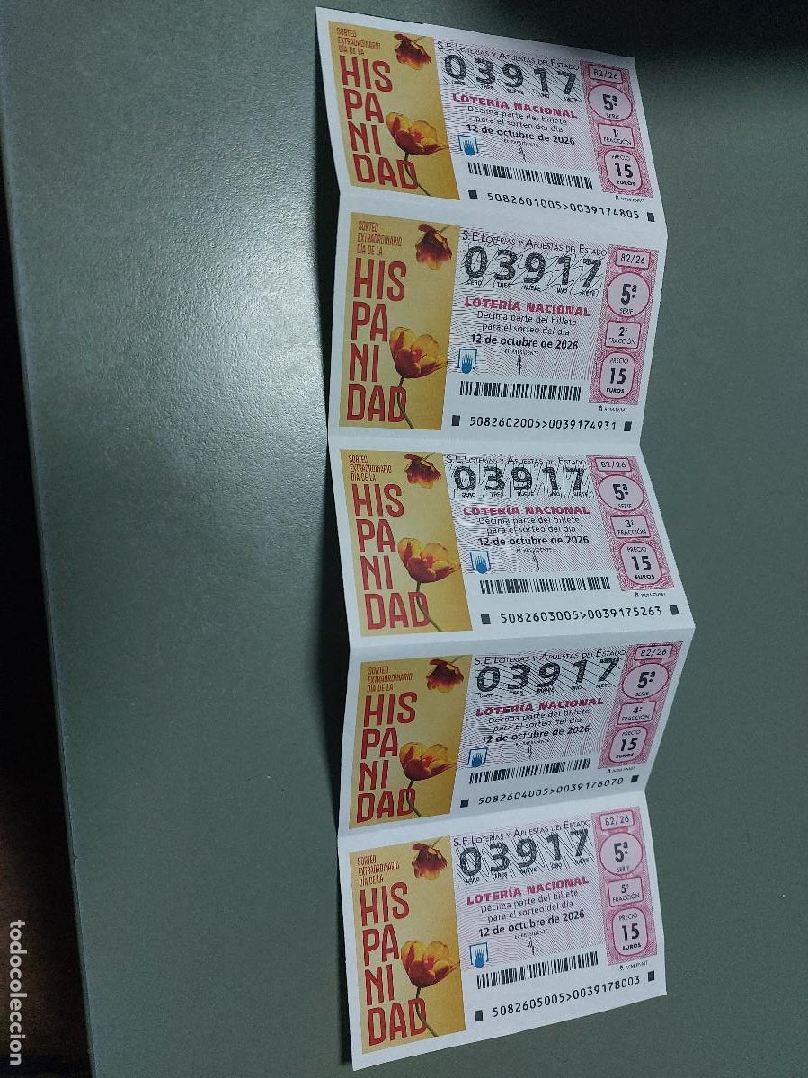 National Spanish Lottery: 03917 El jueves 82/26. 5 D&eacute;cimo de Loteria Nacional. Buen estado. c-17.
