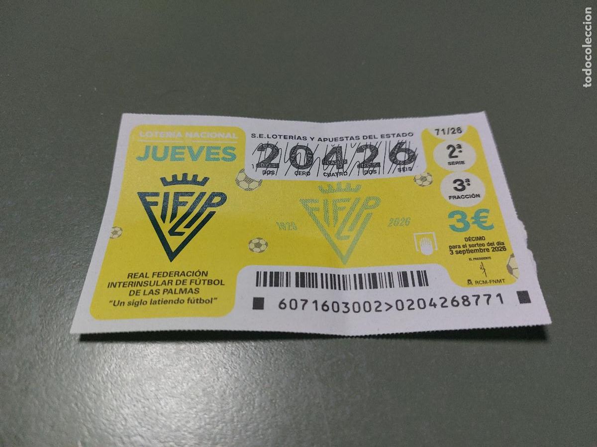 National Spanish Lottery: 20426 El jueves 71/26. D&eacute;cimo de Loteria Nacional. Buen estado. c-17.