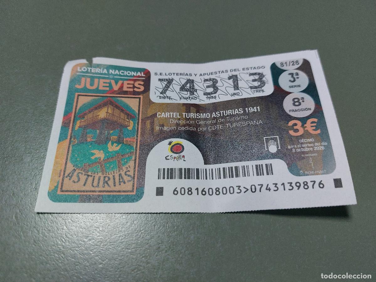 National Spanish Lottery: 74313 81/26 El Jueves. 2 D&eacute;cimo de Loteria Nacional. Buen estado. c-17.