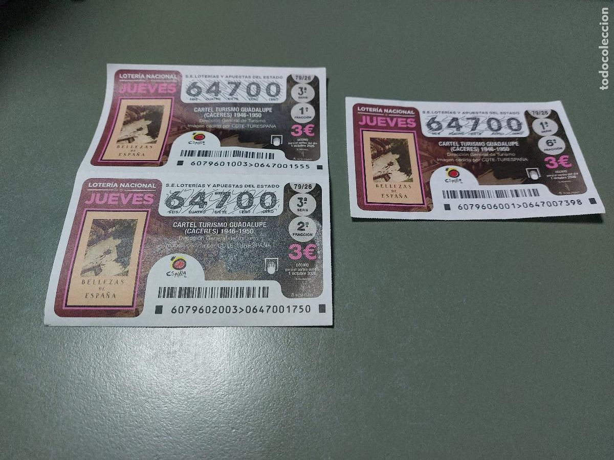 Loter&iacute;a nacional: 64700 79/26 El Jueves. 3 D&eacute;cimo de Loteria Nacional. Buen estado. c-17.