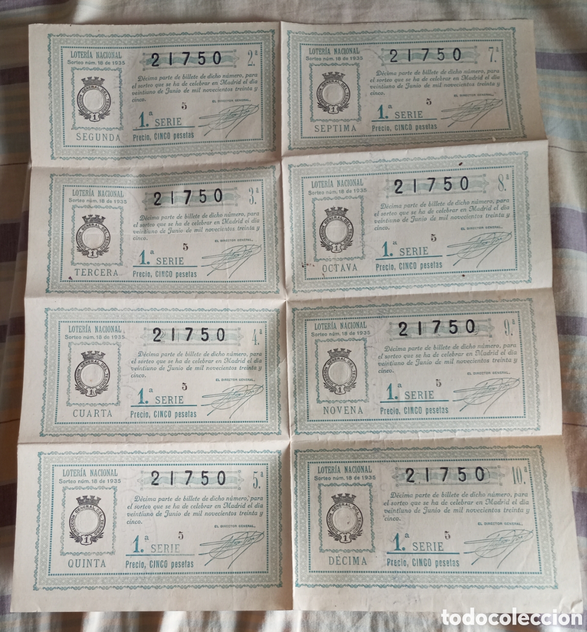 Loter&iacute;a nacional: 8 decimos loter&iacute;a nacional 21 de junio de 1935 segunda republica con sellos de vendidos En C&aacute;diz