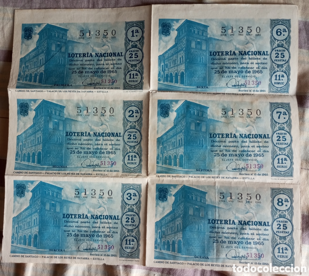 Loter&iacute;a nacional: 6 billetes loteria nacional 25 de mayo de 1965 expedidos En Cordoba