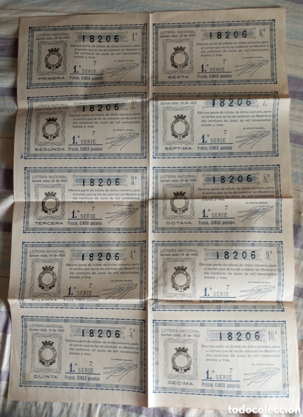 Loter&iacute;a nacional: Pliego billete completo 10 decimos loter&iacute;a nacional 21 de Junio de 1933 segunda republica