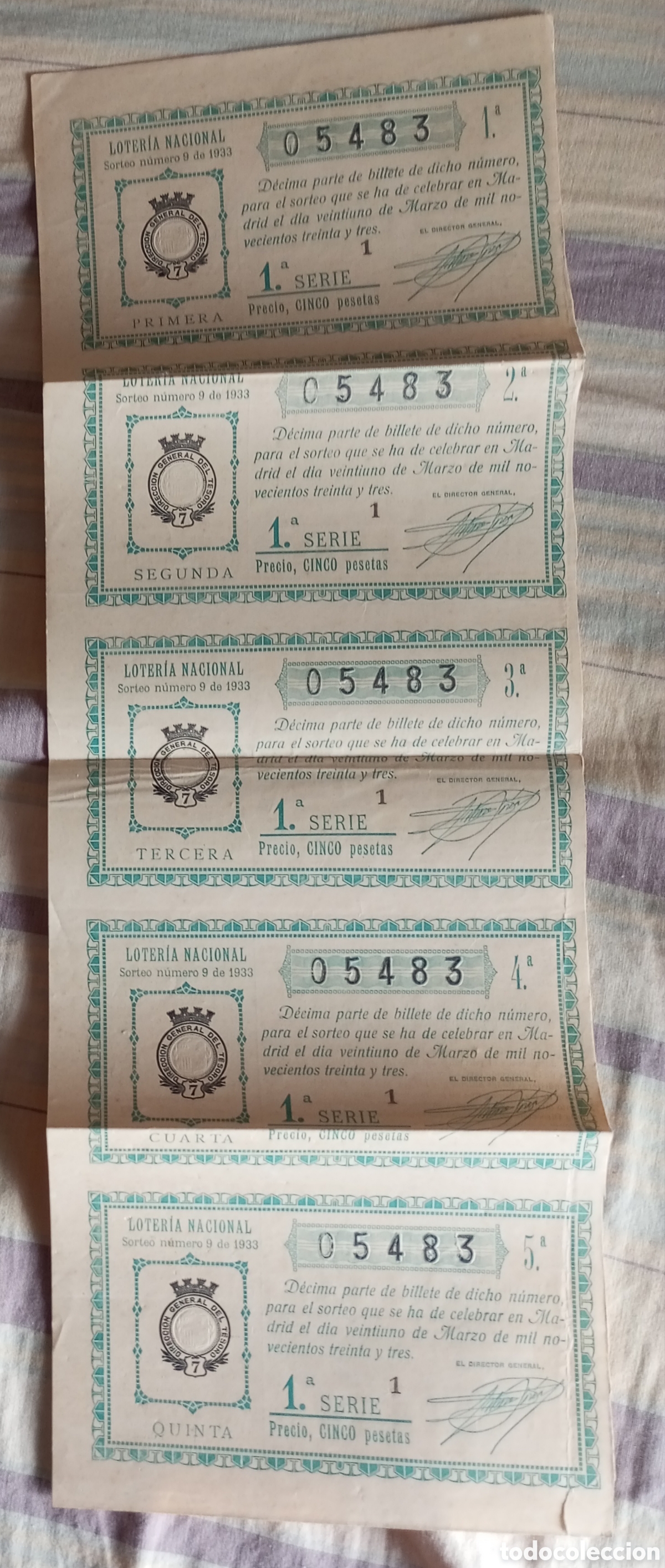 Loter&iacute;a nacional: Tira 5 billetes loteria nacional,21 de Marzo de 1933 segunda republica