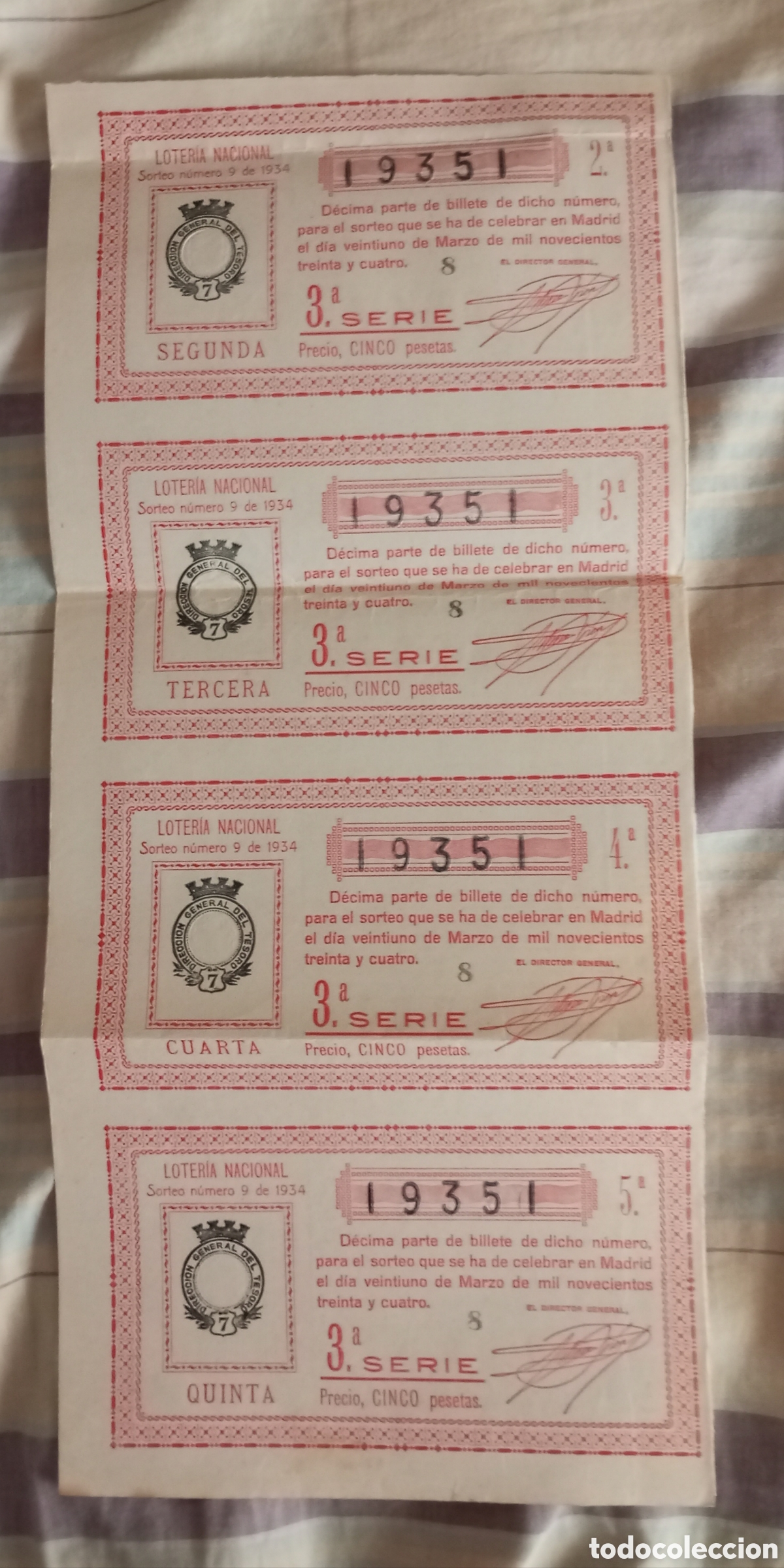 Loter&iacute;a nacional: Cuatro billetes loter&iacute;a nacional 21 de Marzo de 1934 segunda republica