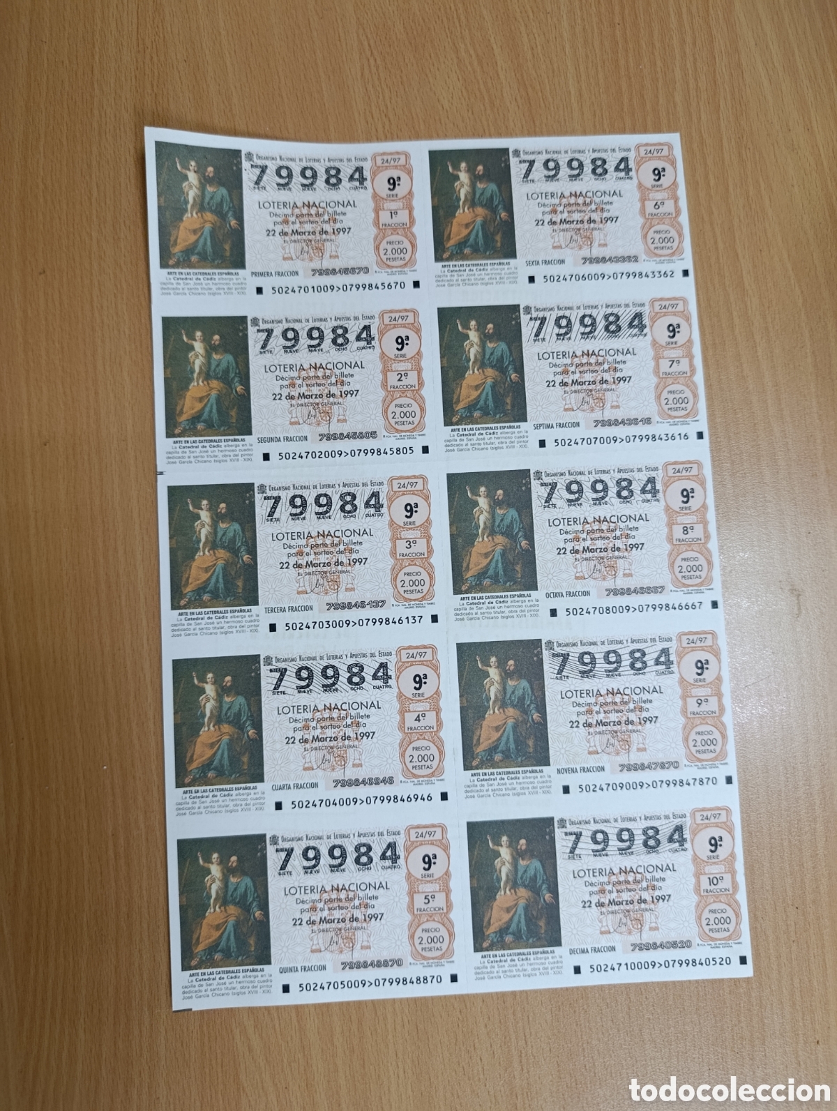 Loter&iacute;a nacional: Pliego / Billete entero de Loter&iacute;a Nacional 22 Marzo 1997