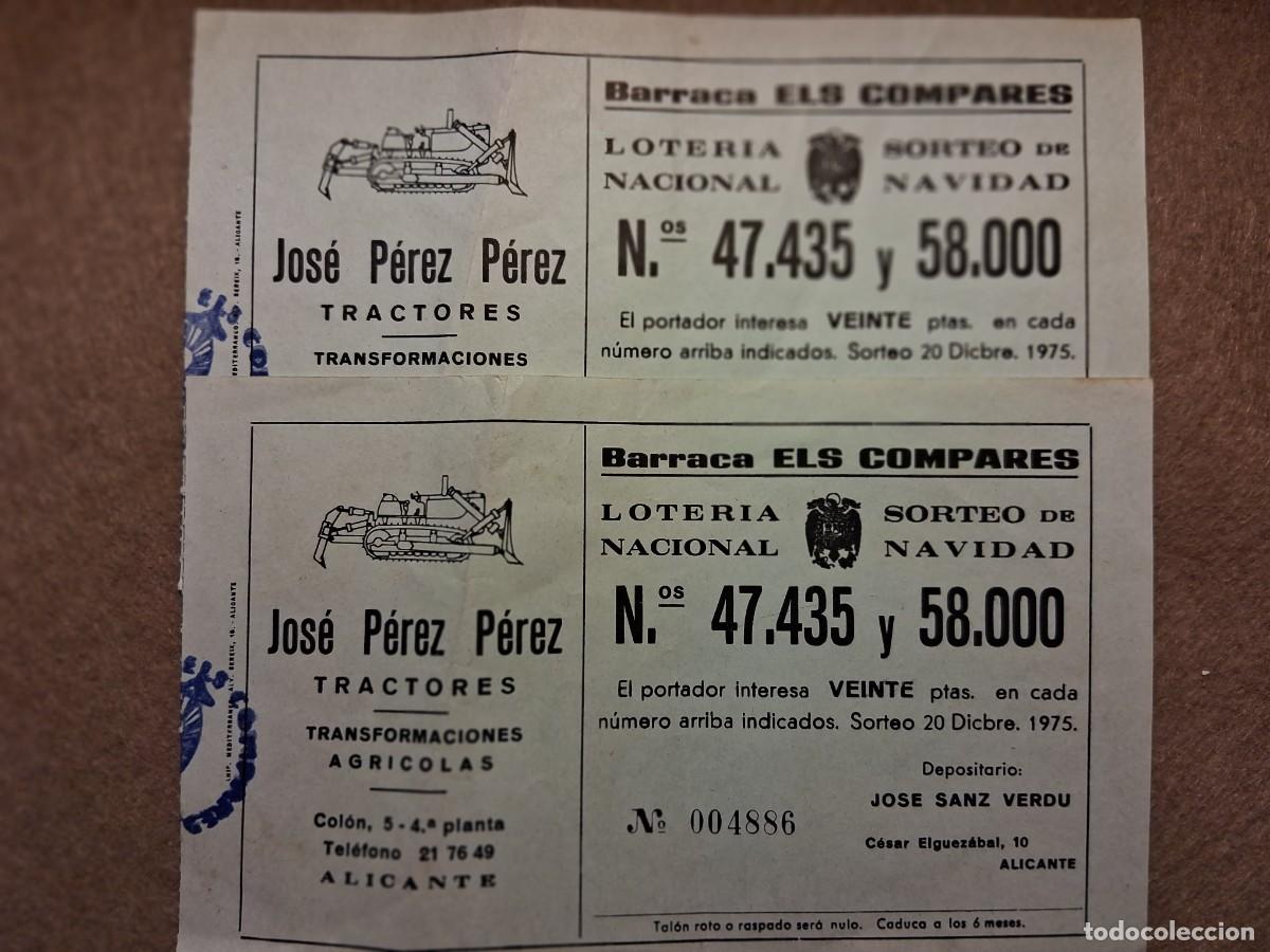 Loter&iacute;a nacional: LOTE DOS PAPELETAS BARRACA ELS COMPARES, SORTEO LOTERIA NACIONAL DE 20 DICIEMBRE 1975. PUBLICIDAD