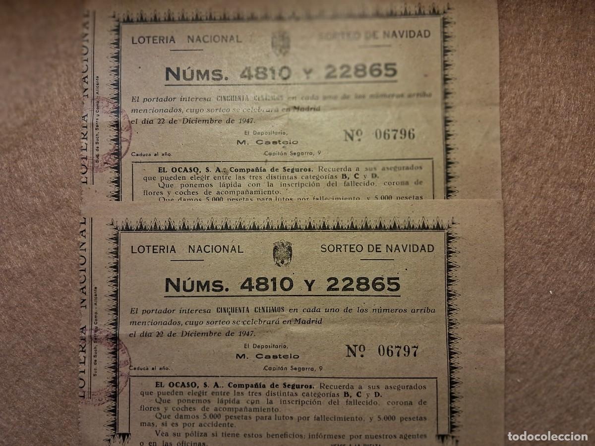 Loter&iacute;a nacional: LOTE DOS PAPELETAS LOTER&Iacute;A NACIONAL DE 22 DE DICIEMBRE DE 1947, EL OCASO,S.A. Y E.O.S.A. TEJIDOS