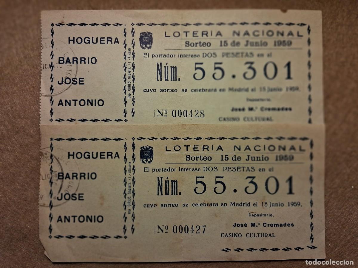 Loter&iacute;a nacional: LOTE DOS PAPELETAS LOTER&Iacute;A NACIONAL DE 15 JUNIO DE 1959, HOGUERA BARRIO JOS&Eacute; ANTONIO