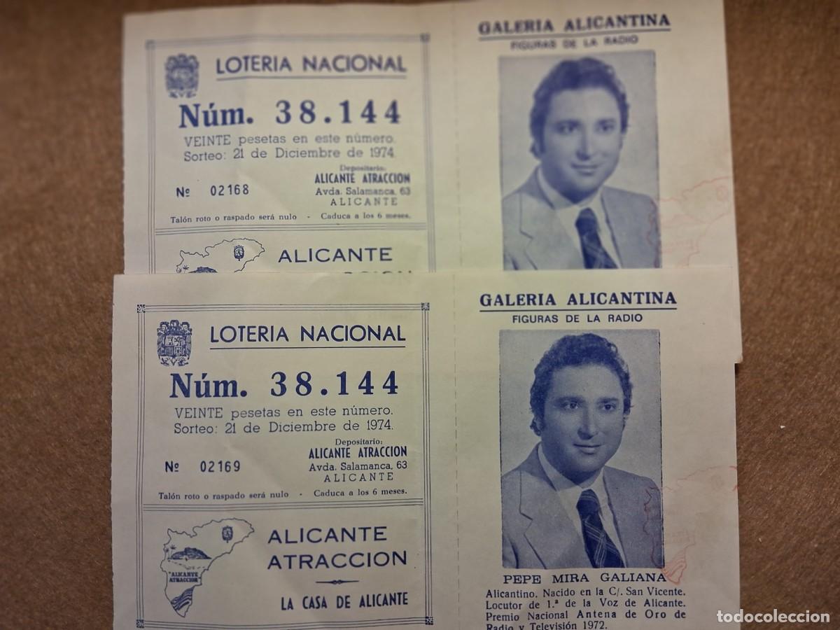 Loter&iacute;a nacional: LOTE DOS PAPELETAS ALICANTE ATRACCI&Oacute;N, LOTER&Iacute;A NACIONAL, SORTEO 21 DICIEMBRE 1974.