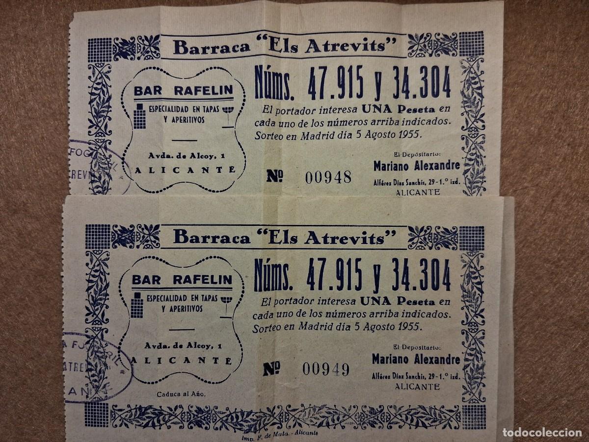 Loter&iacute;a nacional: LOTE DOS PAPELETAS BARRACA ELS ATREVITS, LOTER&Iacute;A NACIONAL SORTEO 5 AGOSTO 1955. PUBLICIDAD BAR RAFEL