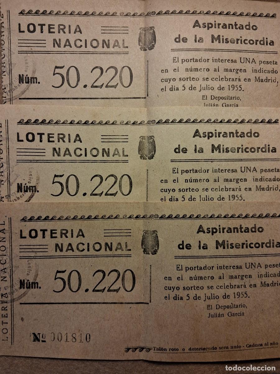 Loter&iacute;a nacional: LOTE TRES PAPELETAS ASPIRANTADO DE LA MISERICORDIA, LOTER&Iacute;A NACIONAL SORTEO 5 JULIO 1955.