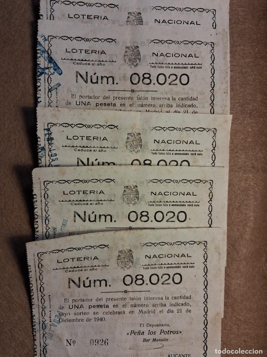 Loter&iacute;a nacional: LOTE CINCO PAPELETAS PE&Ntilde;A LOS POTROS, LOTER&Iacute;A NACIONAL, SORTEO 21 DICIEMBRE 1940. PUBLICIDAD.