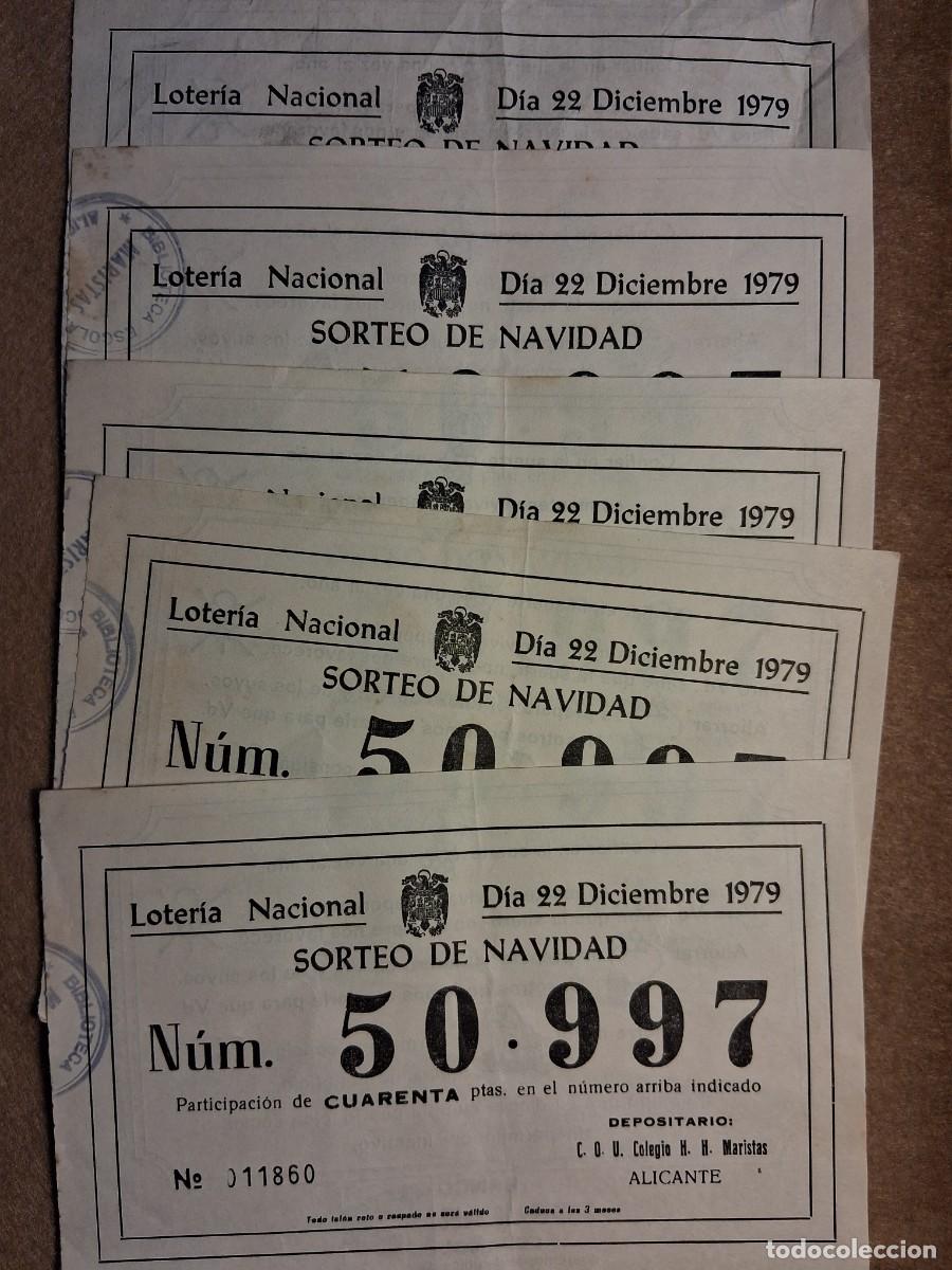 Loter&iacute;a nacional: LOTE CINCO PAPELETAS COLEGIO H.H. MARISTAS, LOTER&Iacute;A NACIONAL, SORTEO 22 DICIEMBRE 1979. PUBLICIDAD.
