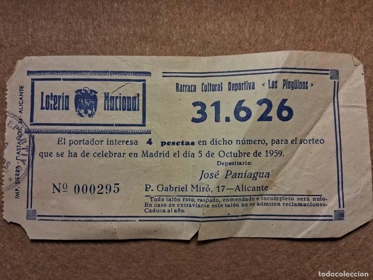 Loter&iacute;a nacional: PAPELETA BARRACA LOS PING&Uuml;INOS, LOTER&Iacute;A NACIONAL, SORTEO 5 OCTUBRE 1959.