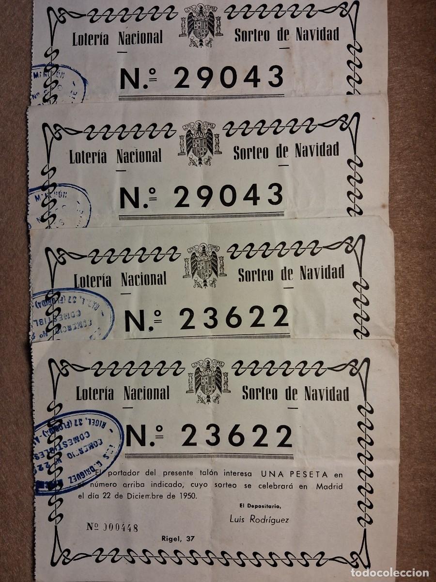 Loter&iacute;a nacional: LOTE CUATRO PAPELETAS COMESTIBLES LUIS RODRIGUEZ,LOTER&Iacute;A NACIONAL, SORTEO 22 DICIEMBRE DE 1950.