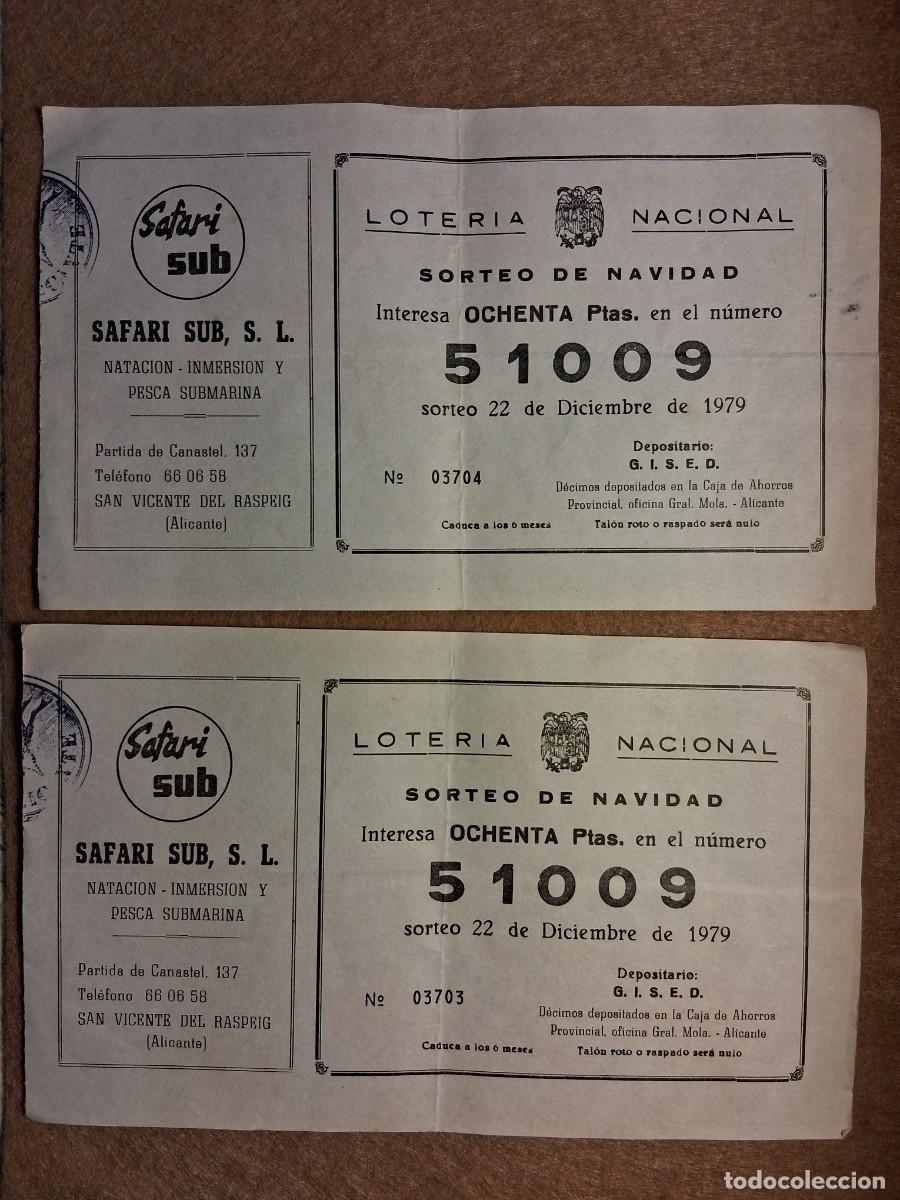 Loter&iacute;a nacional: LOTE DOS PAPELETAS PUBLICIDAD SAFARI SUB,S.L. LOTER&Iacute;A NACIONAL SORTEO 22 DICIEMBRE 1979.