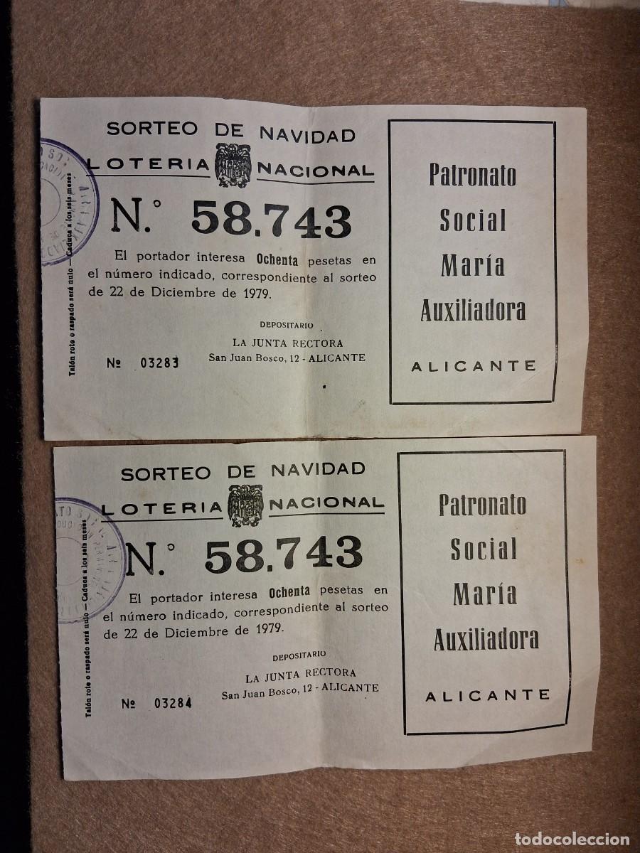 Loter&iacute;a nacional: LOTE DOS PAPELETAS PATRONATO SOCIAL MAR&Iacute;A AUXILIADORA. LOTER&Iacute;A NACIONAL SORTEO 22 DICIEMBRE 1979.