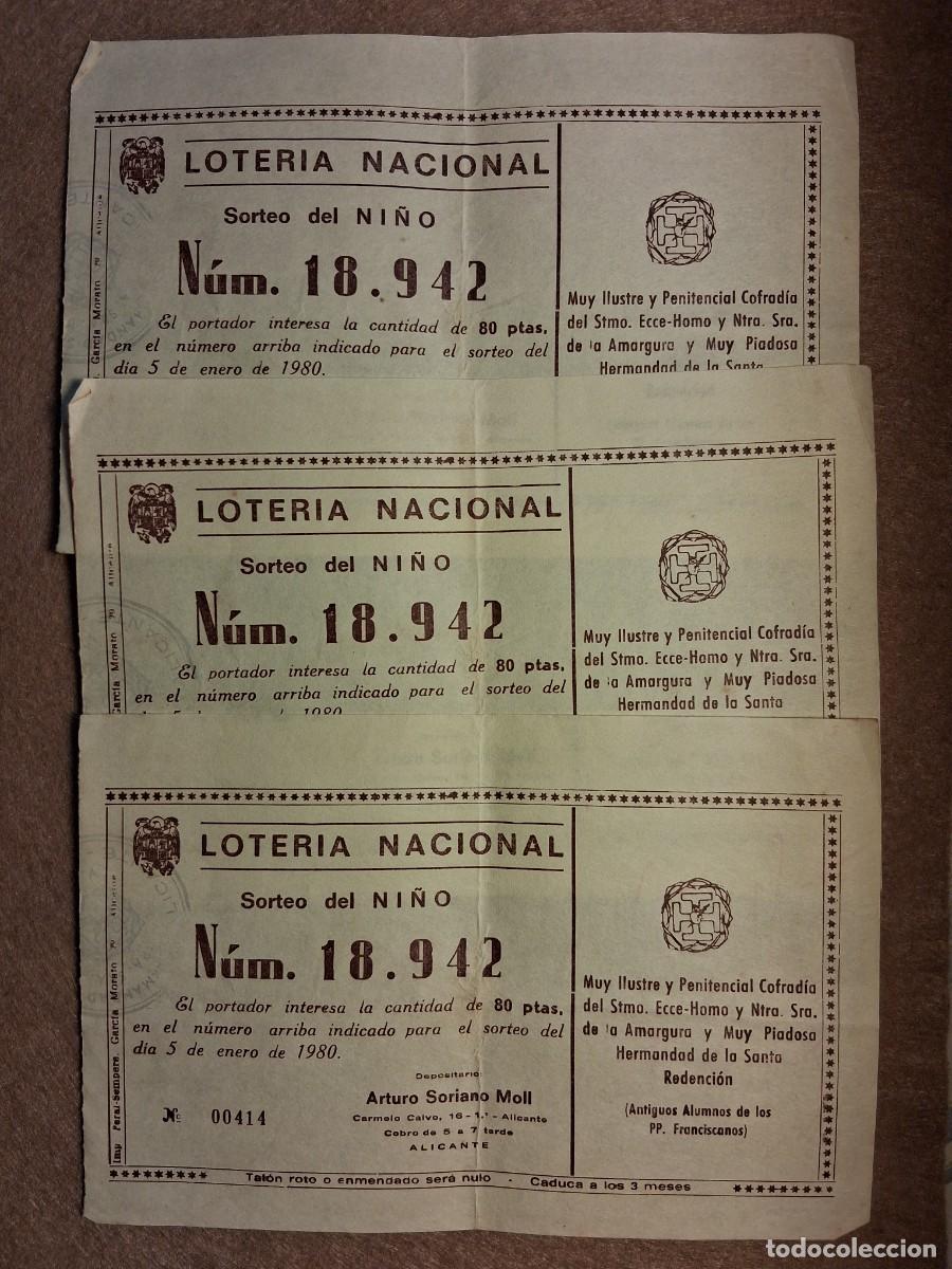 Loter&iacute;a nacional: LOTE TRES PAPELETAS ANTIGUOS ALUMNOS PP FRANCISCANOS, LOTERIA NACIONAL, SORTEO DEL NI&Ntilde;O,5/1/1980