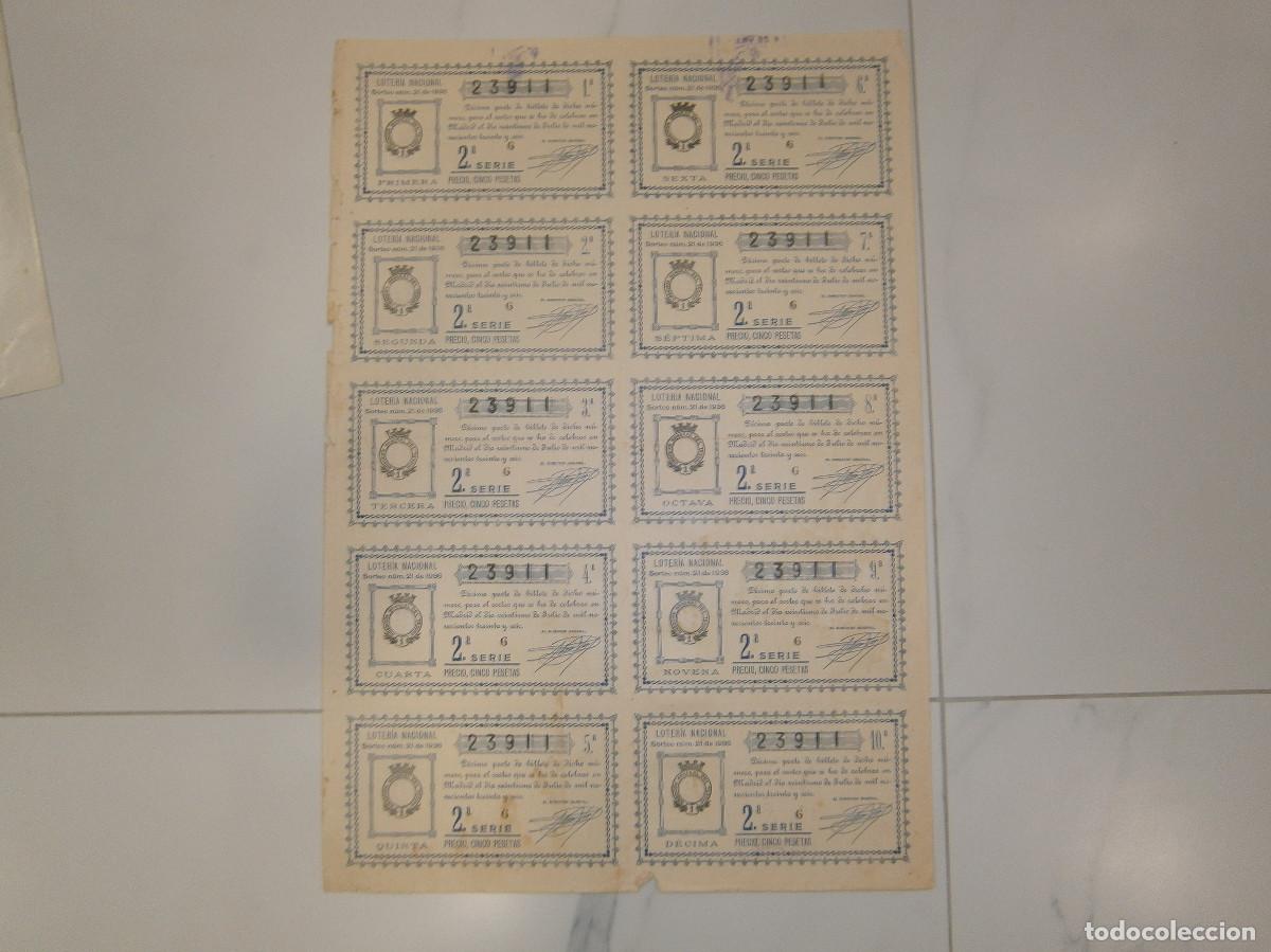 Loter&iacute;a nacional: Billete completo (10 d&eacute;cimos) - Loteria Nacional. Sorteo n&ordm; 21 DE 1936