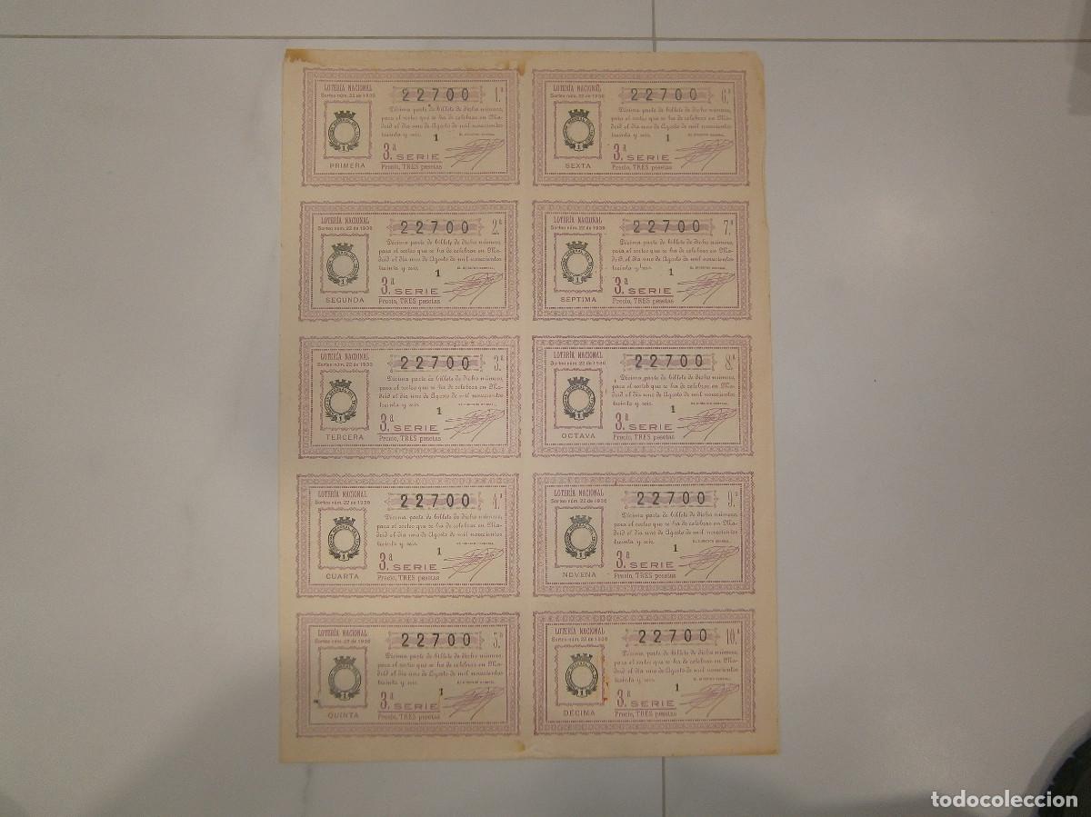 Loter&iacute;a nacional: Billete completo (10 d&eacute;cimos) - Loteria Nacional. Sorteo n&ordm; 22 DE 1936