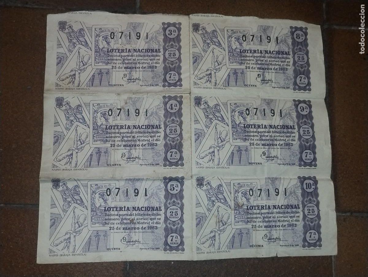 Loter&iacute;a nacional: 6 d&eacute;cimos de loter&iacute;a nacional 25 de marzo de 1963 naipes Baraja espa&ntilde;ola