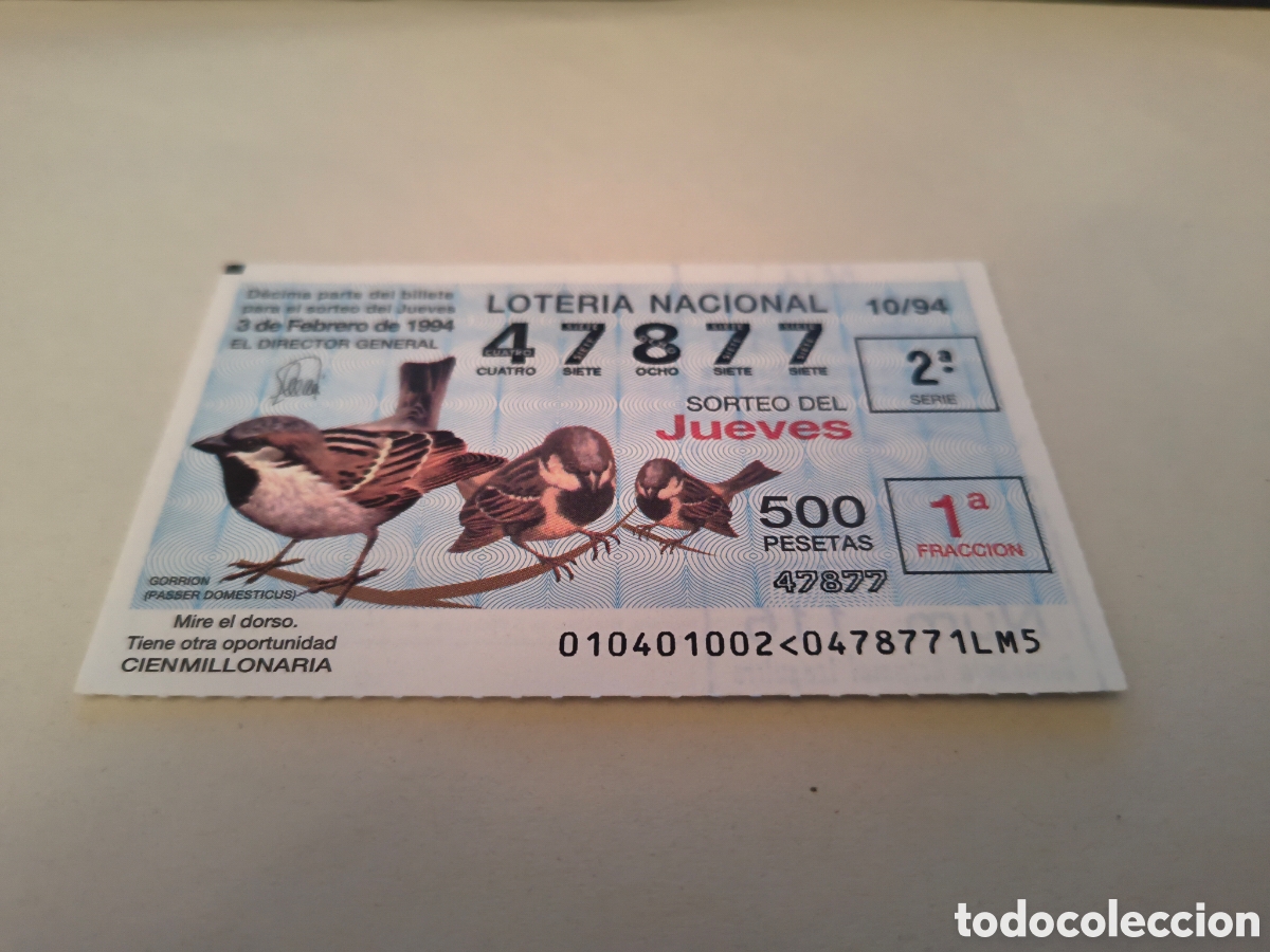 Loter&iacute;a nacional: DECIMO DE LA LOTERIA NACIONAL. SORTEO 3 FEBRERO 1994 10/94 GORRION