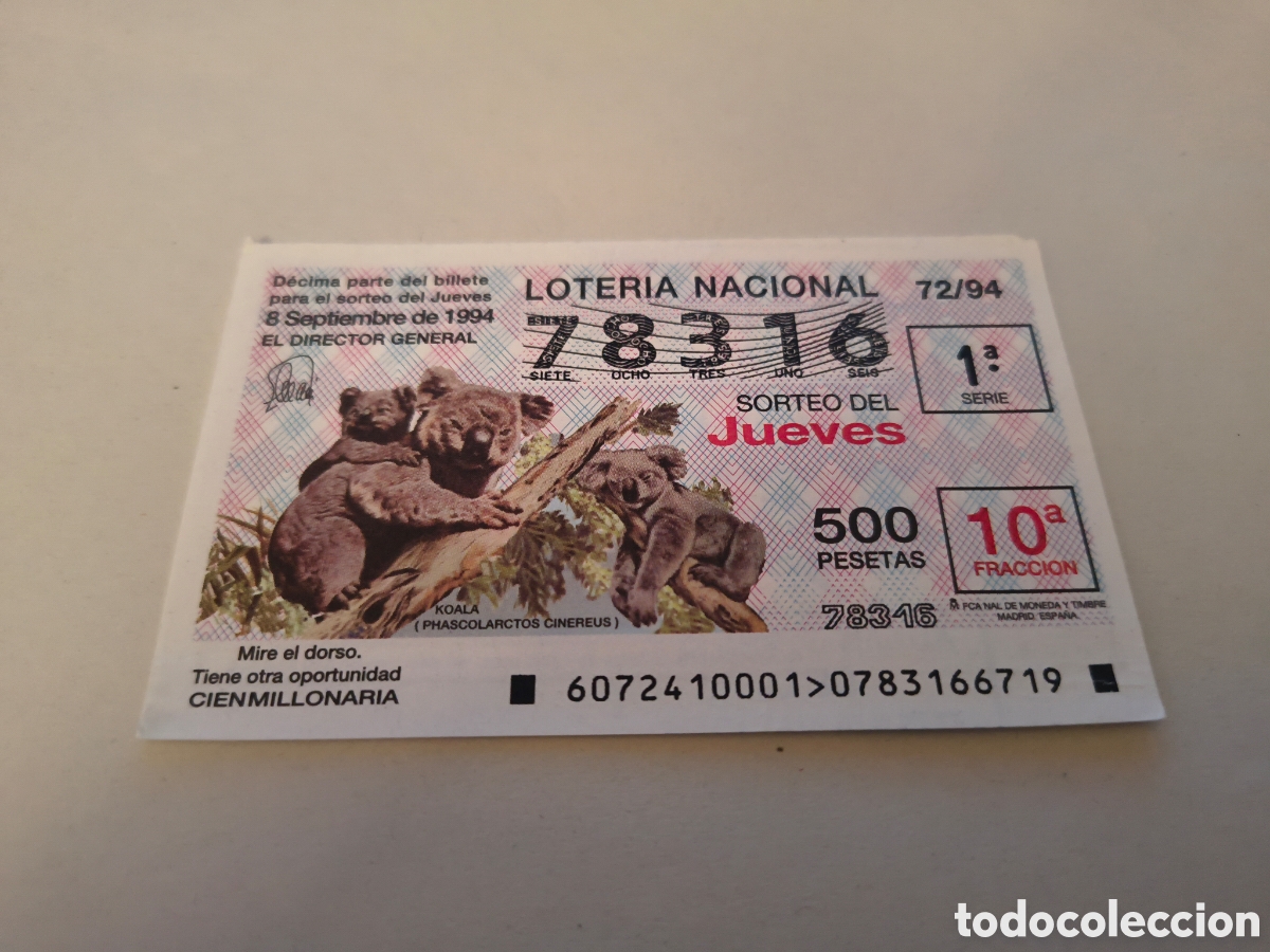 Loter&iacute;a nacional: DECIMO DE LA LOTERIA NACIONAL. SORTEO 8 DE SEPTIEMBRE 1994 72/94 KOALA