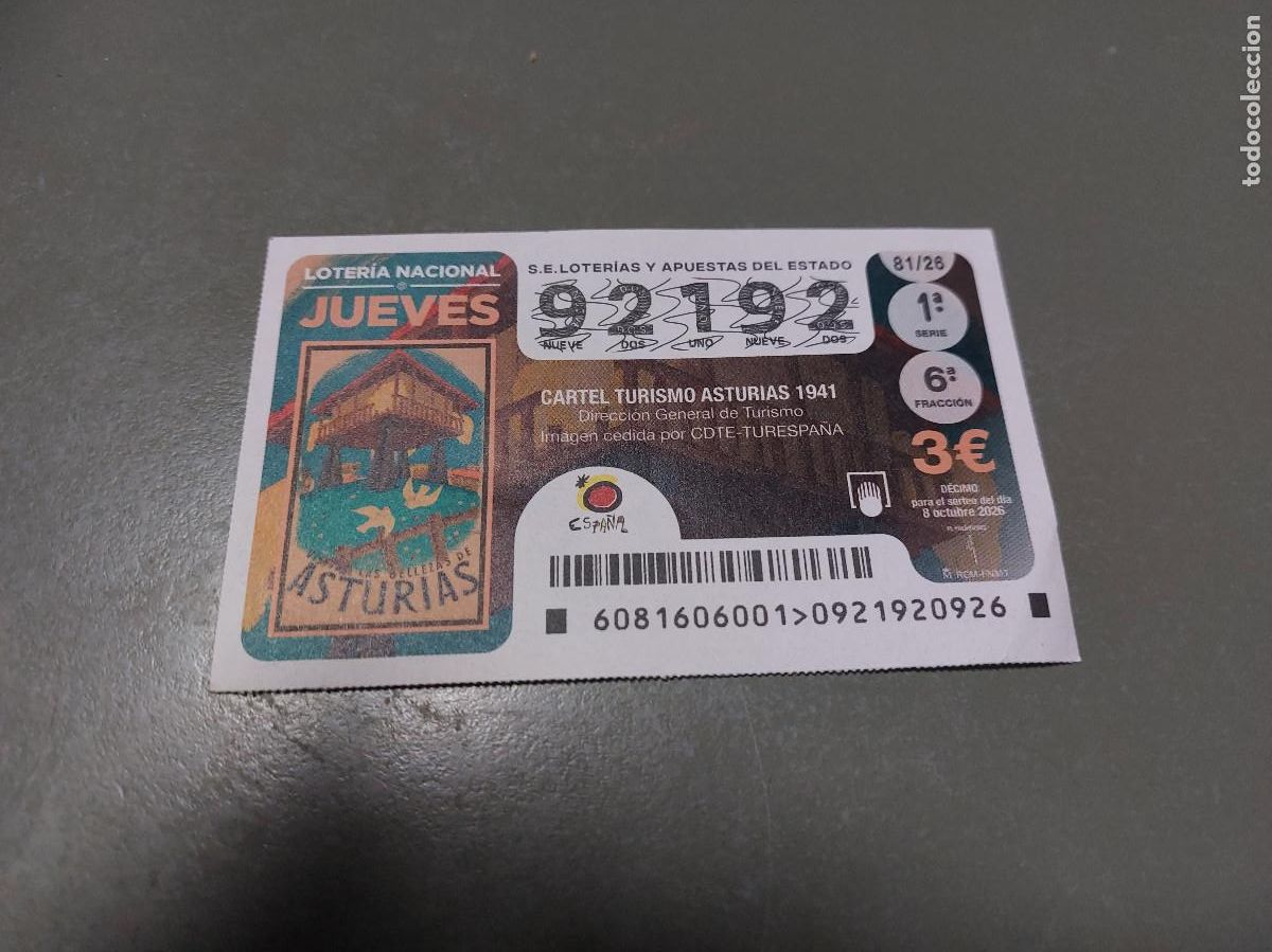 Loter&iacute;a nacional: 92192 81/26 El Jueves. D&eacute;cimo de Loteria Nacional. Buen estado. s-2