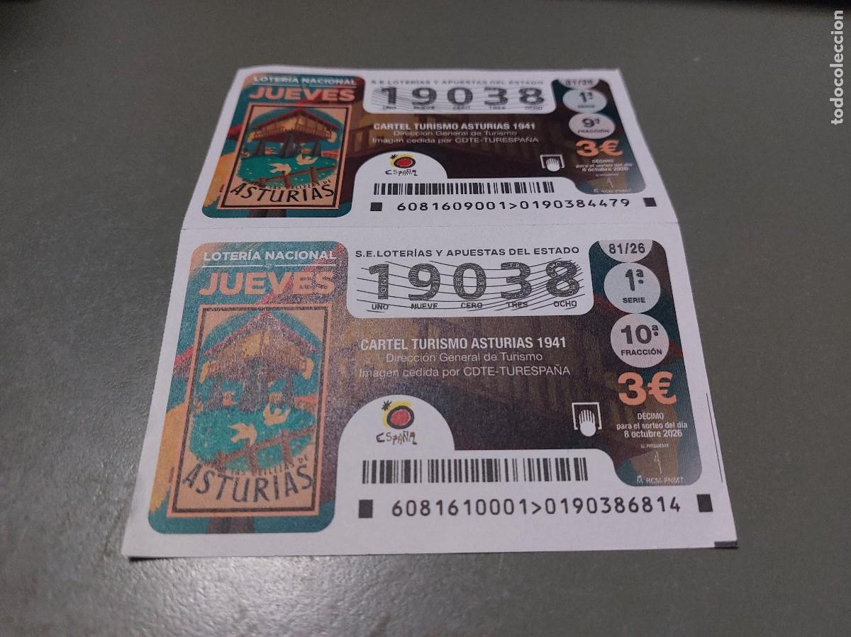 Loter&iacute;a nacional: 19038 81/26 El Jueves. 2 D&eacute;cimo de Loteria Nacional. Buen estado. s-2