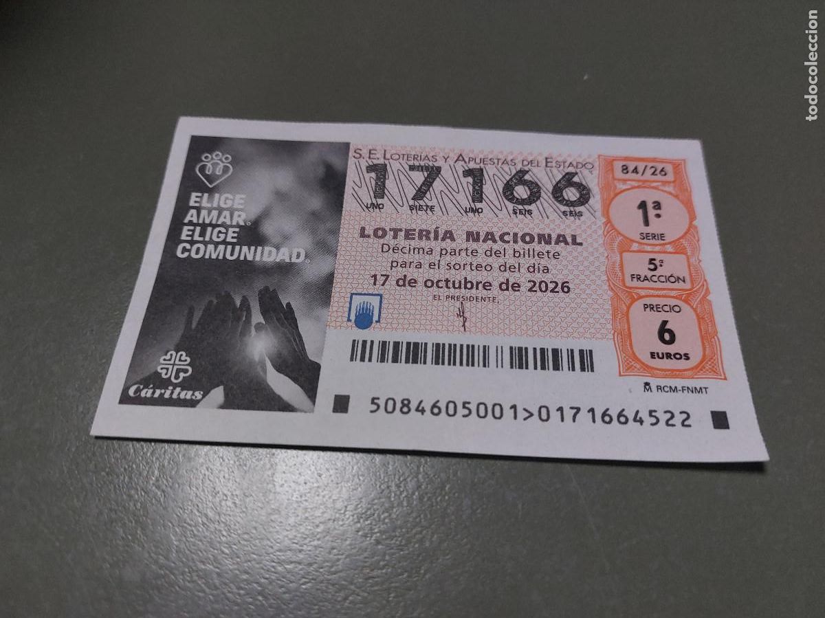 Loter&iacute;a nacional: 17166 84/26 El Jueves. D&eacute;cimo de Loteria Nacional. Buen estado. s-2