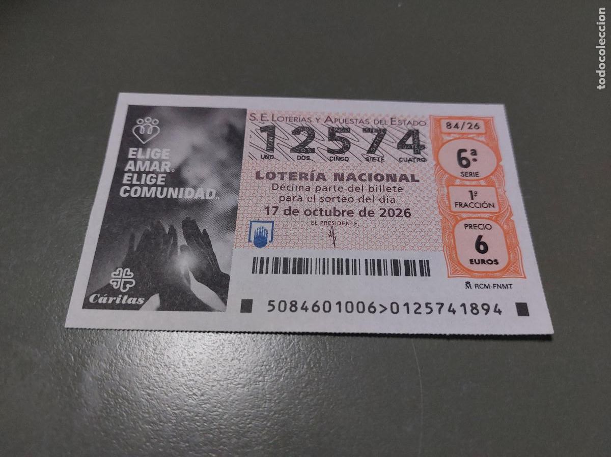 Loter&iacute;a nacional: 12574 84/26 El Jueves. D&eacute;cimo de Loteria Nacional. Buen estado. s-2